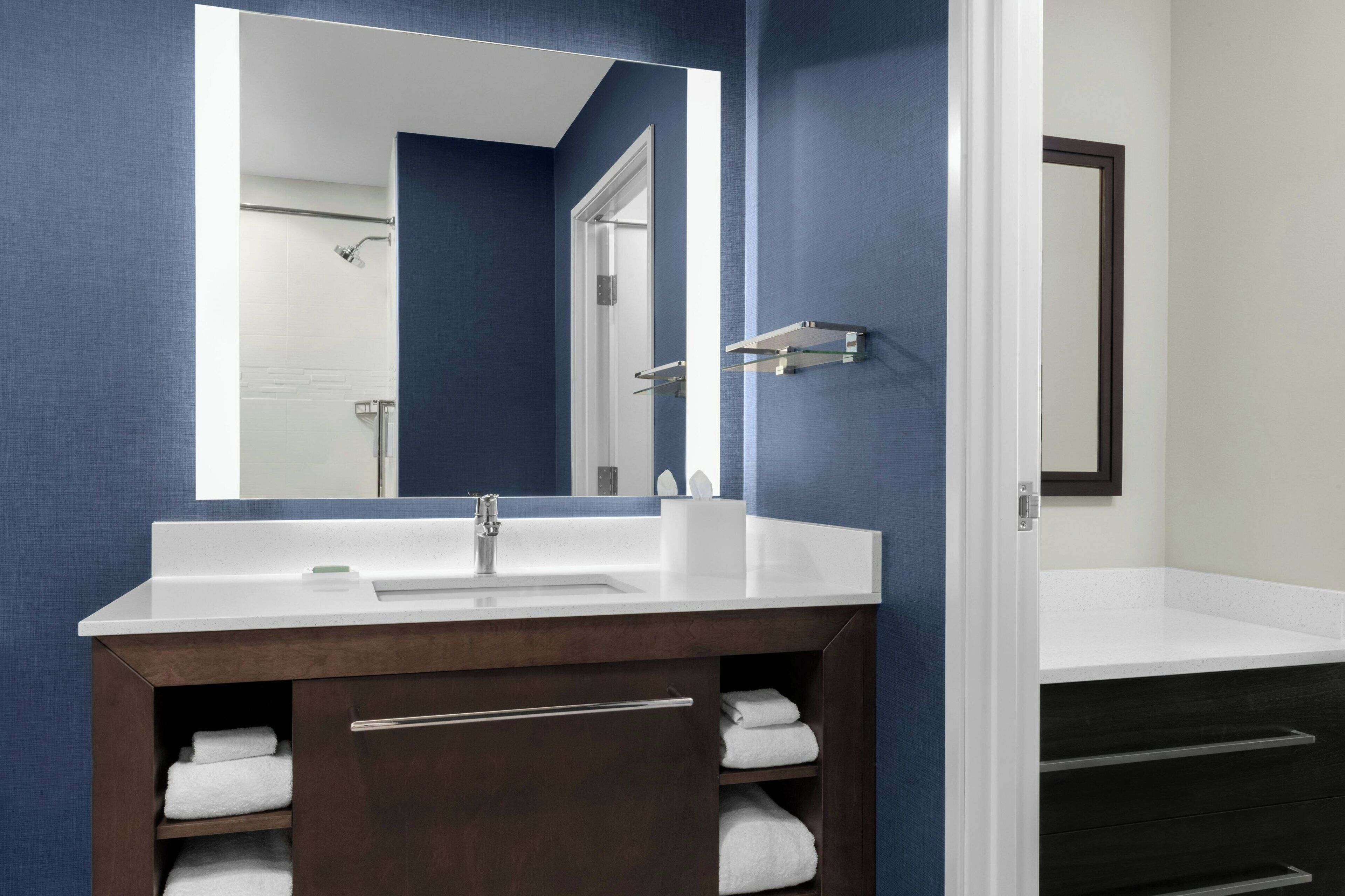 Une salle de bain moderne avec un meuble-lavabo à deux vasques, des meubles en bois foncé et un grand miroir.