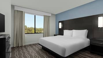 Habitació d'hotel amb un llit gran, televisió, escriptori i finestra amb cortines.