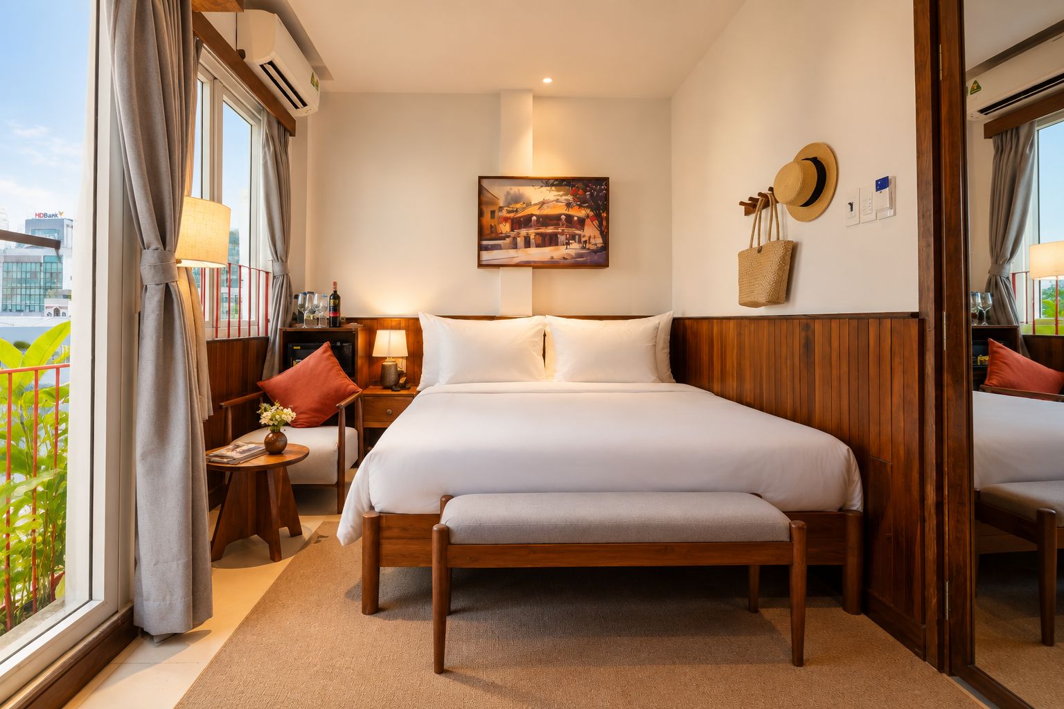 A hotel room with a bed, bedside table, lamp, and a painting on the wall.