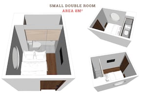 A small double room with a bed, a bedside table, a mirror, a wardrobe, and a bathroom with a toilet and sink. - Nexus House Nguyen Binh Khiem - Near Saigon Zoo & Botanical Gardens (Ho Chi Minh City)