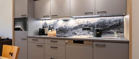 Kühlschrank, Mikrowelle, Herdplatte, Geschirrspüler