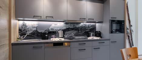 Réfrigérateur, micro-ondes, plaque de cuisson, lave-vaisselle