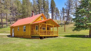 A wooden cabin with a red roof, a porch, and a chimney. - Remote Custer Cabin w/ Fire Pit & Near State Park! (Custer)