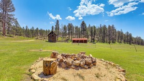 A rustic cabin with a red roof, surrounded by a forested area and a clear sky. - Remote Custer Cabin w/ Fire Pit & Near State Park! (Custer)