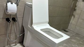 Hair dryer, towels, soap, toilet paper