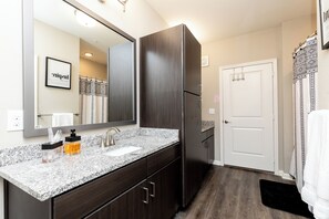 Hair dryer, towels, soap, shampoo