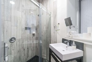 Shower, hair dryer, shampoo