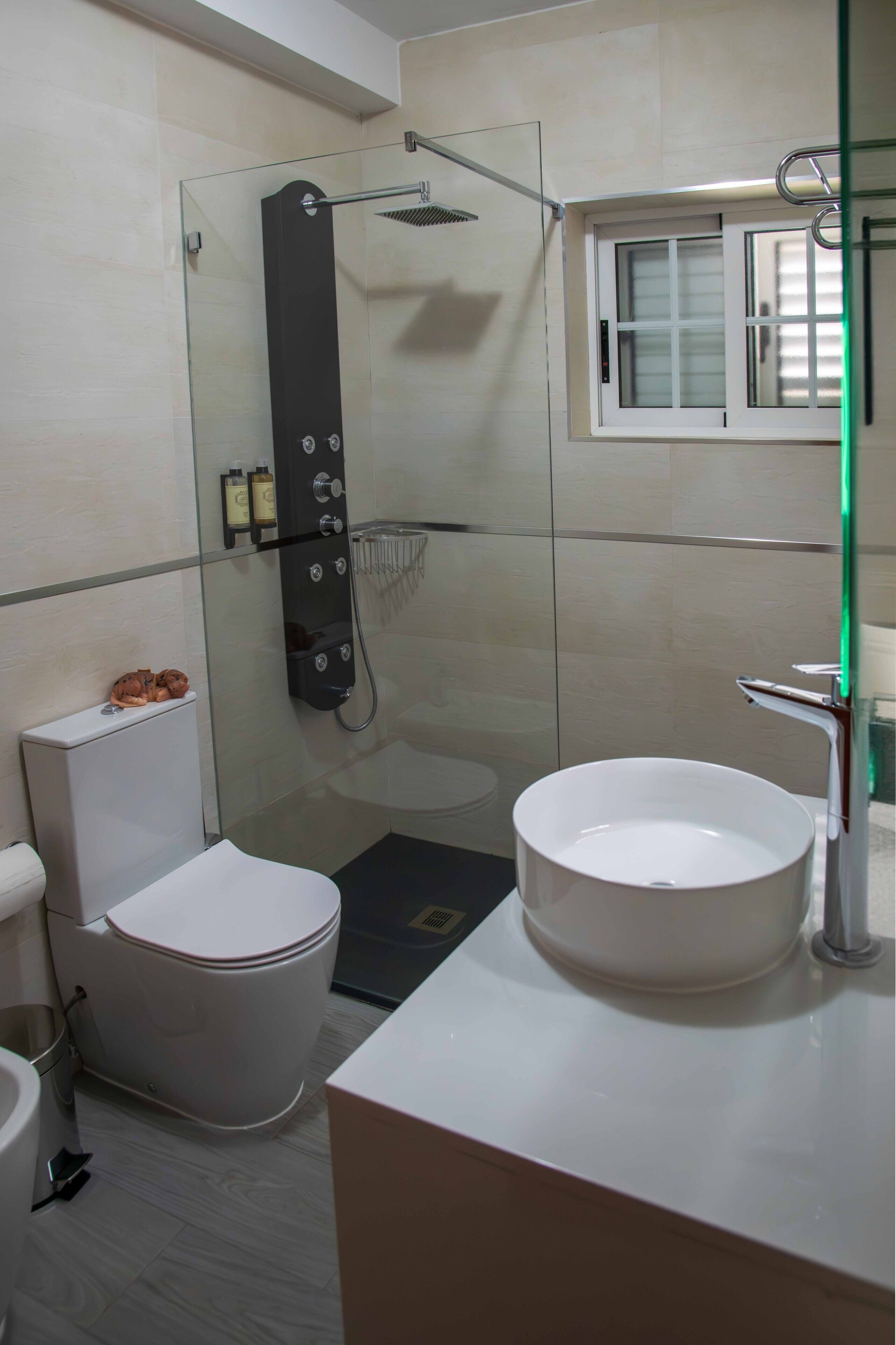 A modern bathroom with a glass-enclosed shower, a white toilet, and a large white sink.