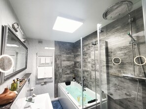 Shower, hair dryer, towels - Apartment 'Wohlfühloase Ermreuth' with Mountain View, Private Pool and Wi-Fi (Neunkirchen am Brand)