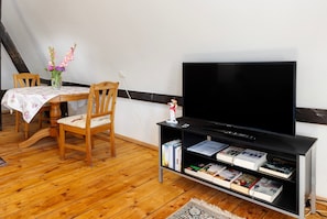 Ein Wohnzimmer mit Holzboden, einem Esstisch mit Stühlen, einem Fernseher auf einem Lowboard und einem Bücherregal voller Bücher.