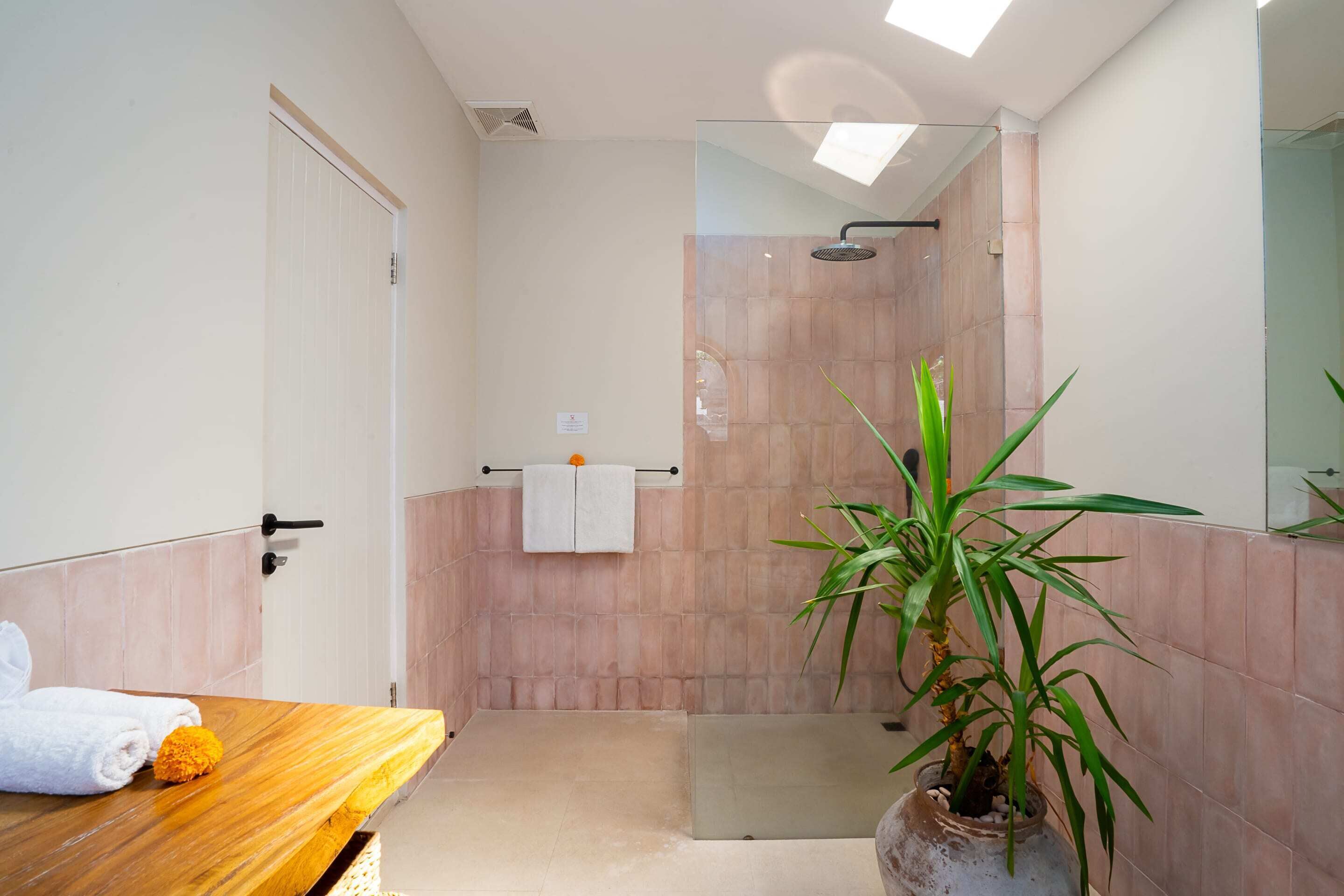 Ein modernes Badezimmer mit einem Holzkonsolenunterschrank, einer Duschkabine aus Glas und einem Blumentopf.
