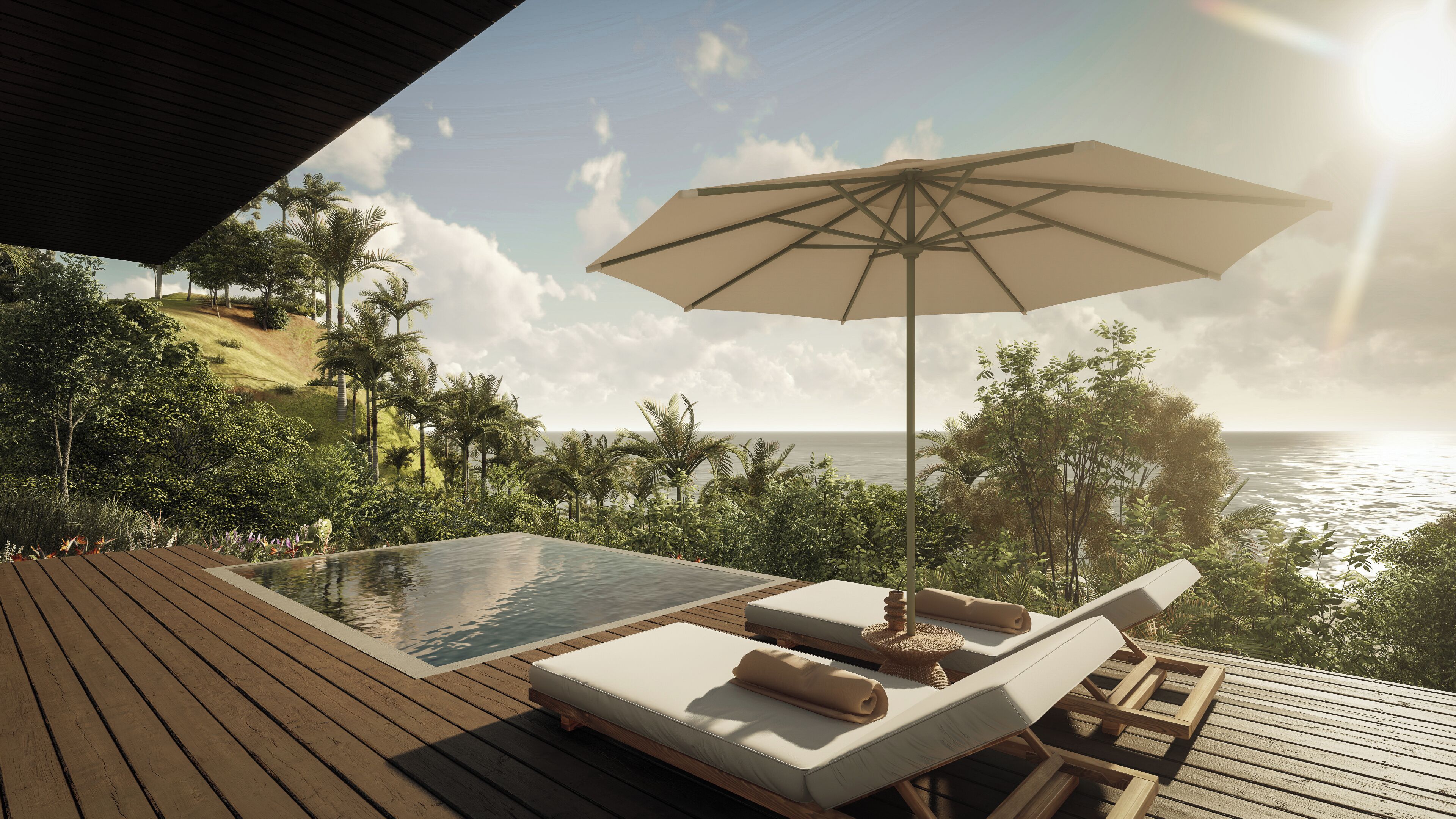 En træterrasse med pool, liggestole og parasol.