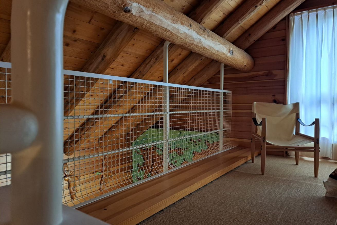 Interieur van een houten hutje met een metalen kooi waarin een groene slang zit, een houten stoel en een houten plafond met zichtbare balken.