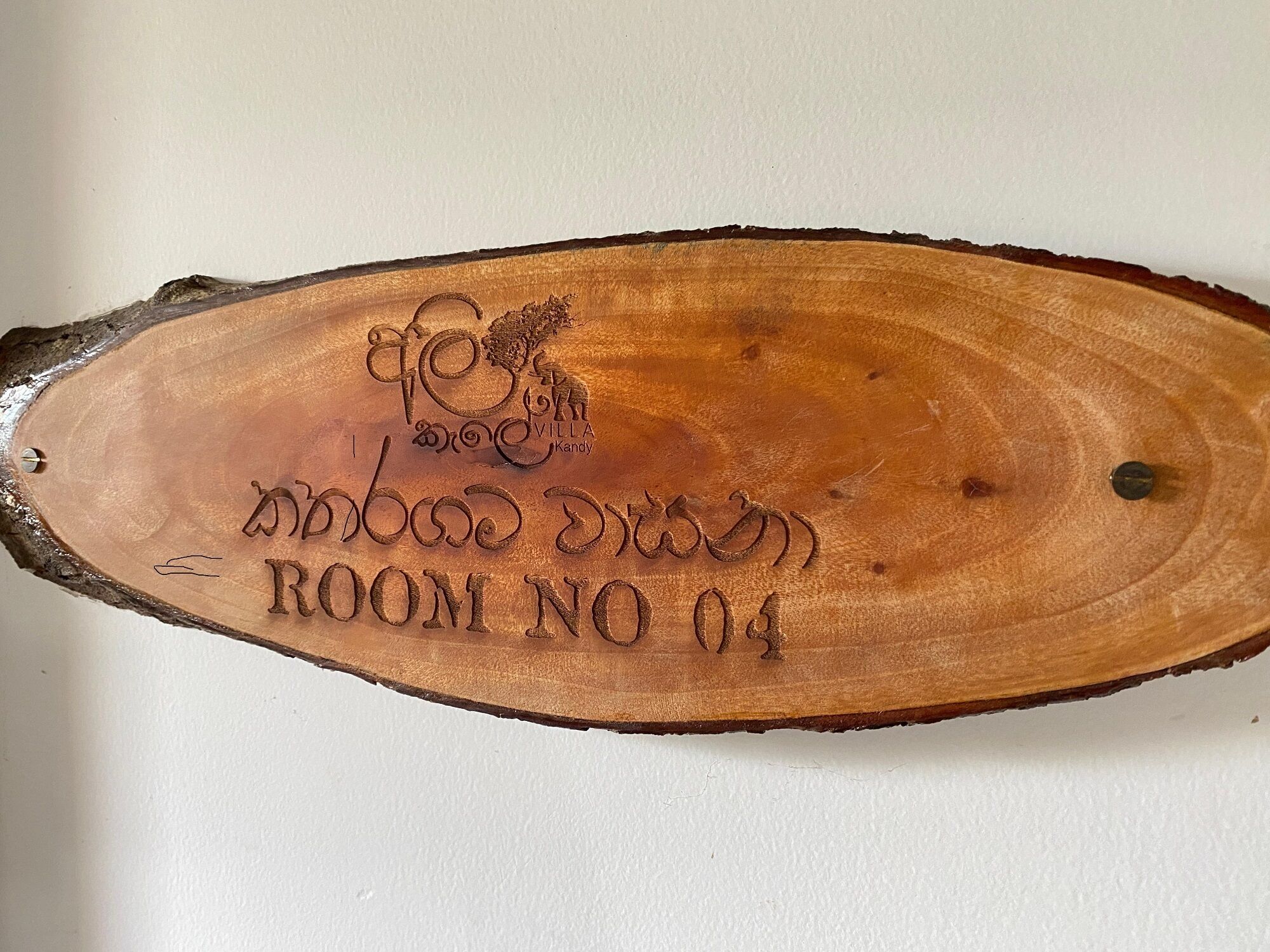 Una placa de madera con texto grabado y un diseño de árbol, que indica un número de habitación.
