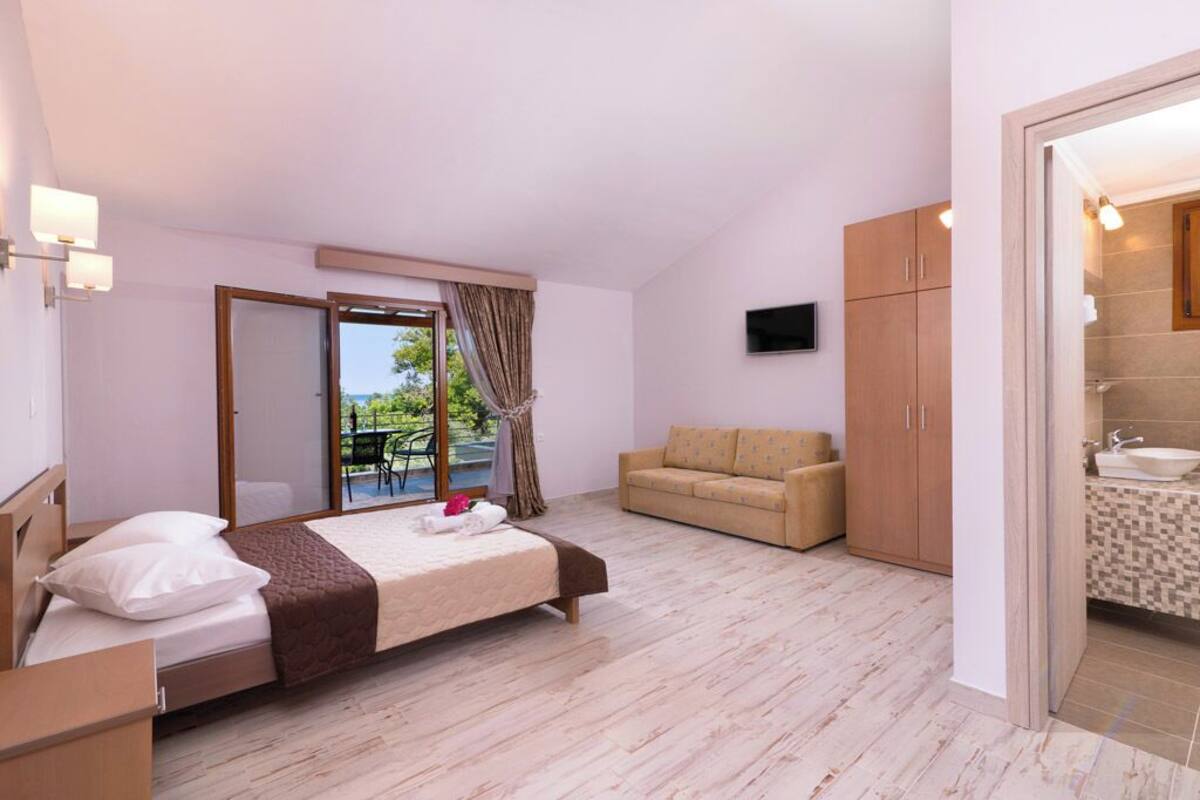 A bedroom with a bed, a sofa, a TV, and a bathroom with a tiled floor.