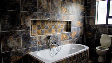 Shower, towels, soap, shampoo