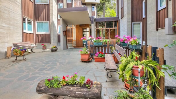 A courtyard with potted plants, benches, and a wooden bench with flowers. - Comfort Tra Fiume E Pini With Shared Garden and Balcony (Bardonecchia)