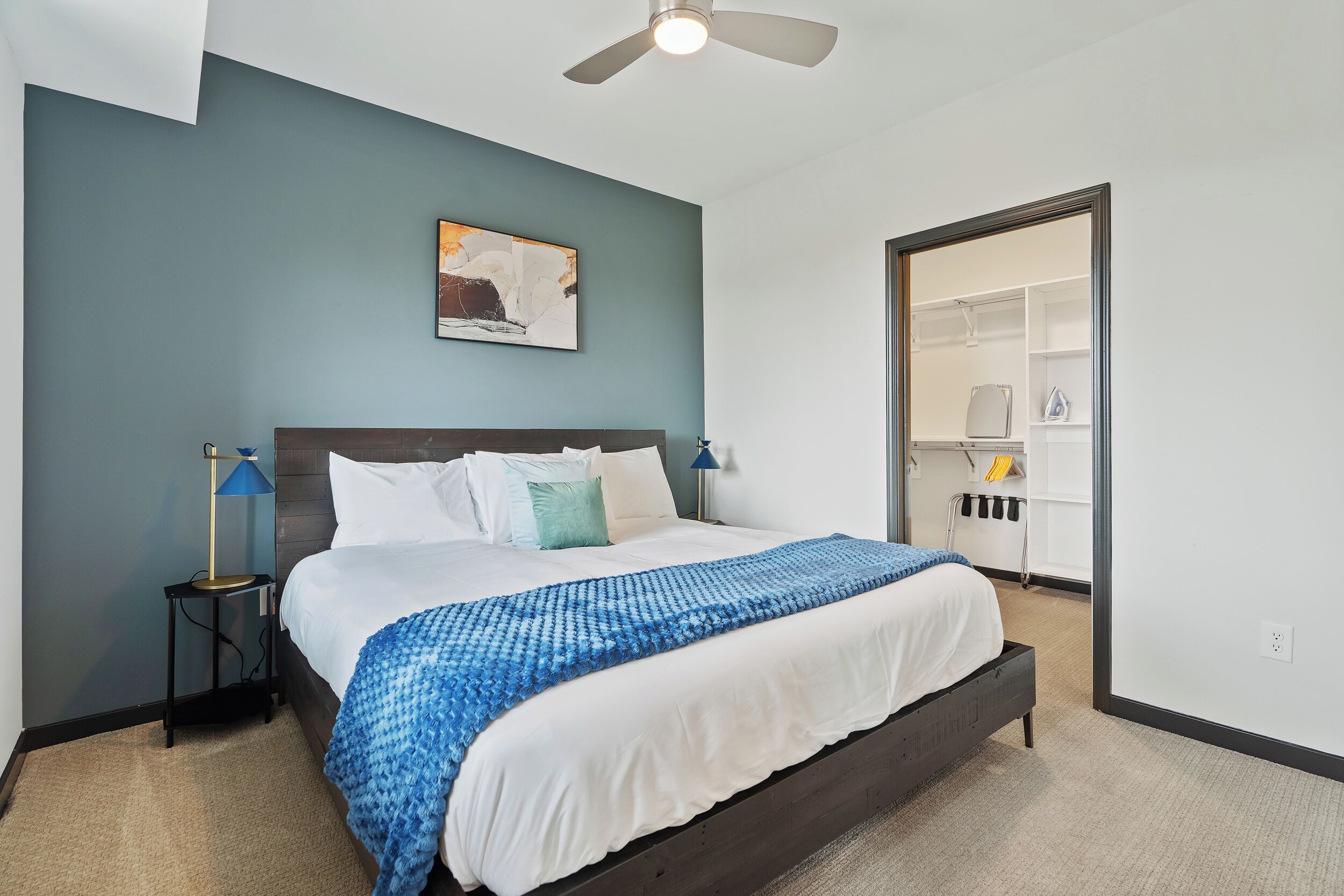 A bedroom with a bed, a ceiling fan, a wall-mounted artwork, a bedside table with a lamp, and a wardrobe.