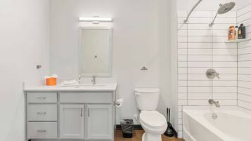 A modern bathroom with a white sink, mirror, and toilet, a shower with a handheld showerhead, and a bathtub.