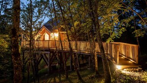Een houten chalet met terras, omringd door bomen.