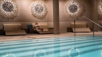 Indoor pool, outdoor pool, pool umbrellas, sun loungers
