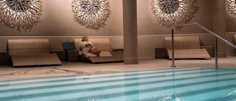 Indoor pool, outdoor pool, pool umbrellas, pool loungers