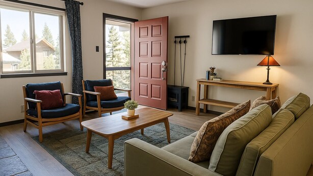 A living room with a sofa, two chairs, a coffee table, a TV, a lamp, and a fireplace.