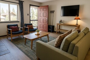 A living room with a sofa, two chairs, a coffee table, a TV, a lamp, and a fireplace. - Mountain Comfort in Red River NM (Red River)
