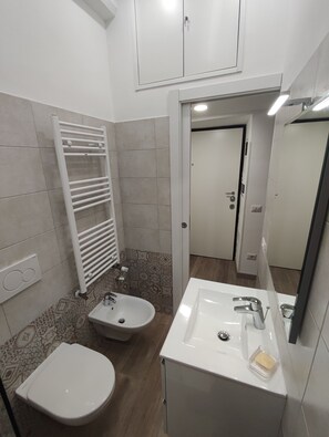 Chuveiro, secador de cabelo, bidê, toalhas de banho