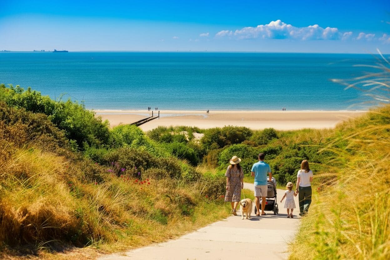 Un sentier qui mène à une plage d’où l’on a une vue dégagée sur l’océan et les navires au loin.