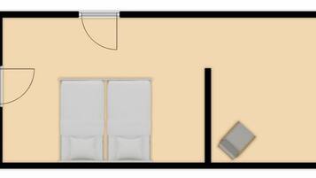A hotel room layout with a bed, a desk, a chair, a small table, and a wardrobe.
