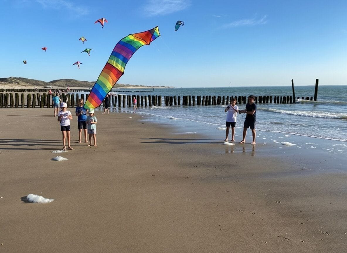 Ein Strand mit Menschen, die Drachen steigen lassen, und einer Mole im Hintergrund.