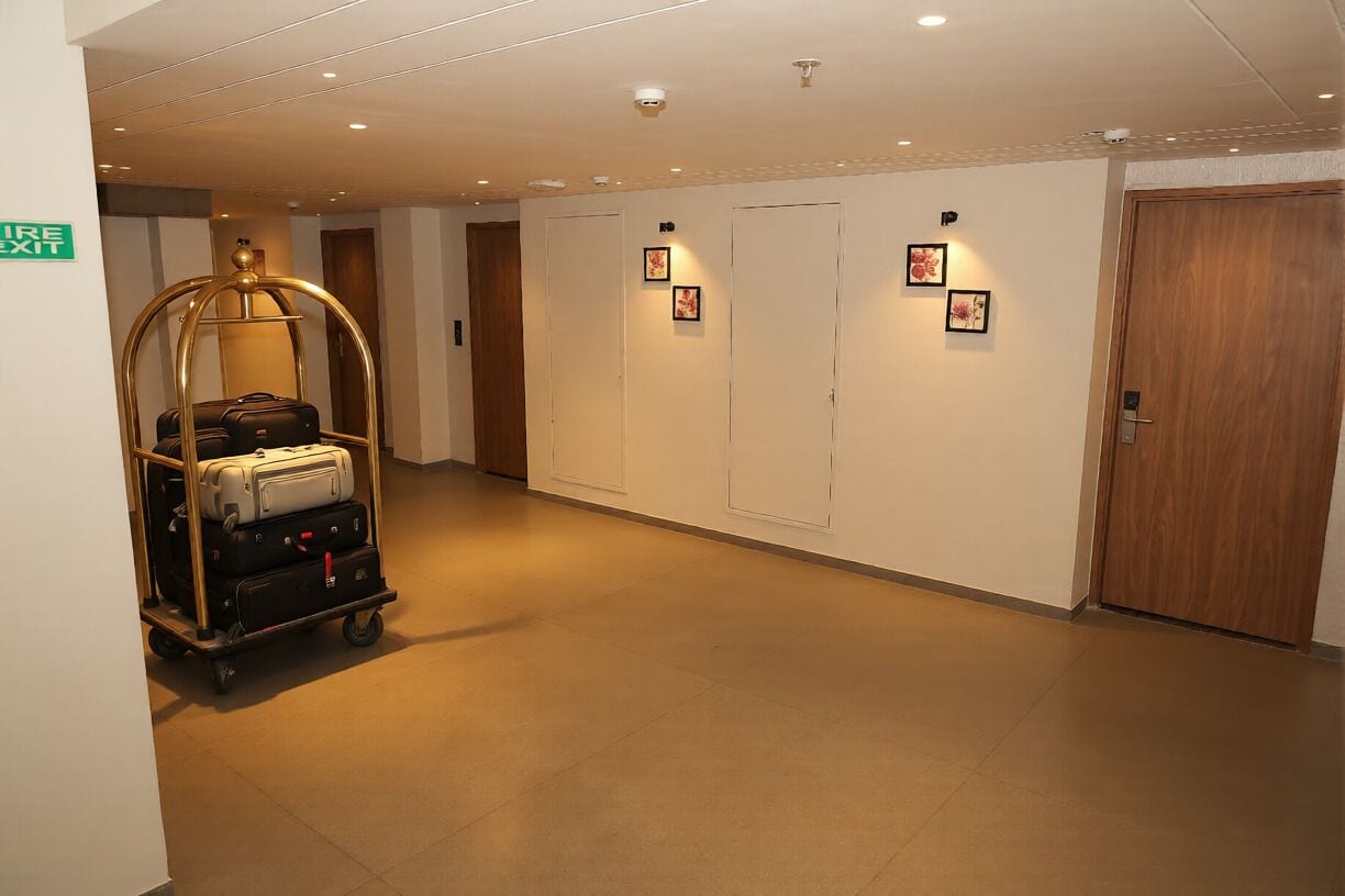Un pasillo de hotel con un carrito de equipaje, puertas y cuadros en las paredes.