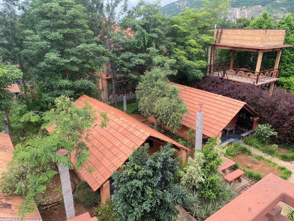 A traditional house with a tiled roof, surrounded by dense greenery and trees.
