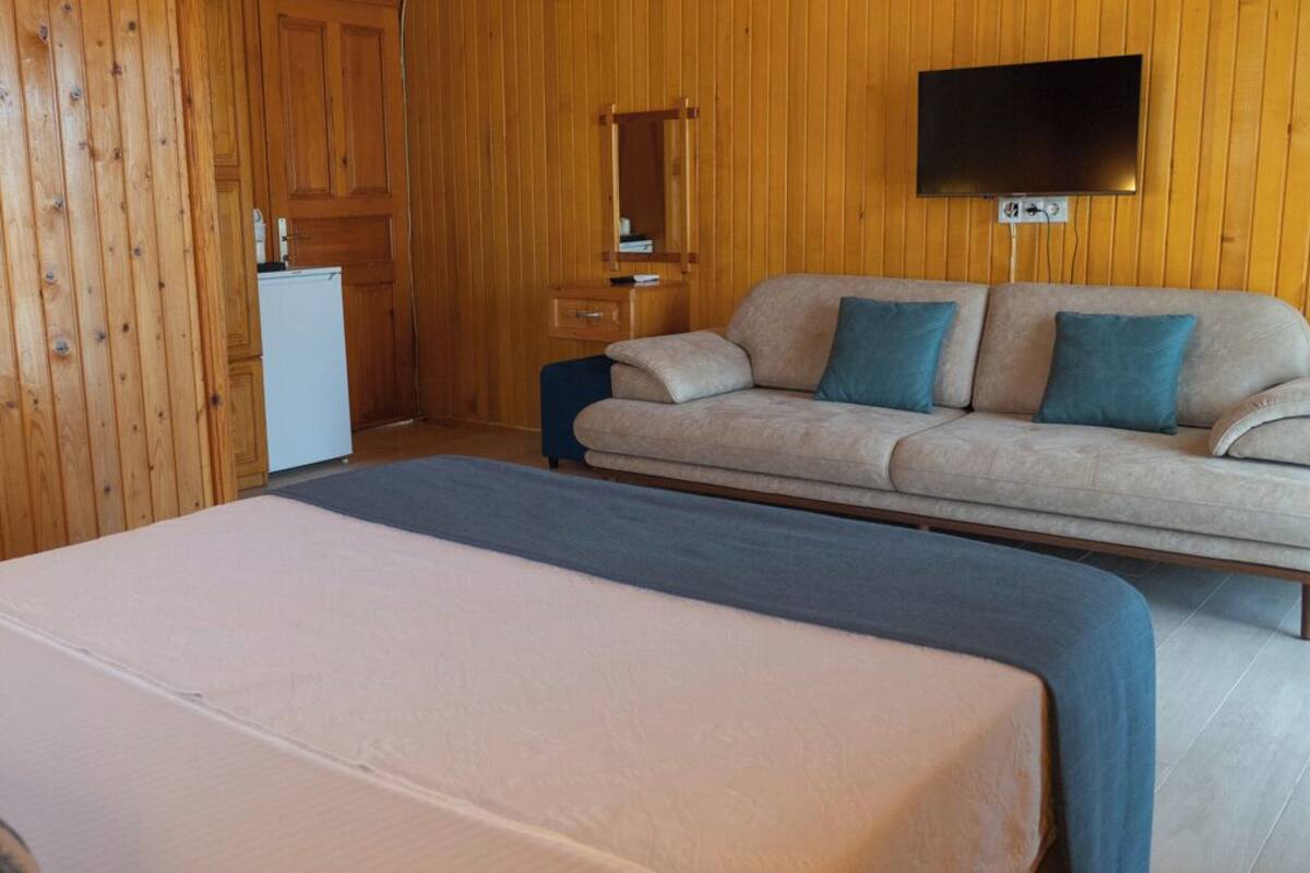 A room with a bed, a sofa, a TV mounted on the wall, and wooden paneling.