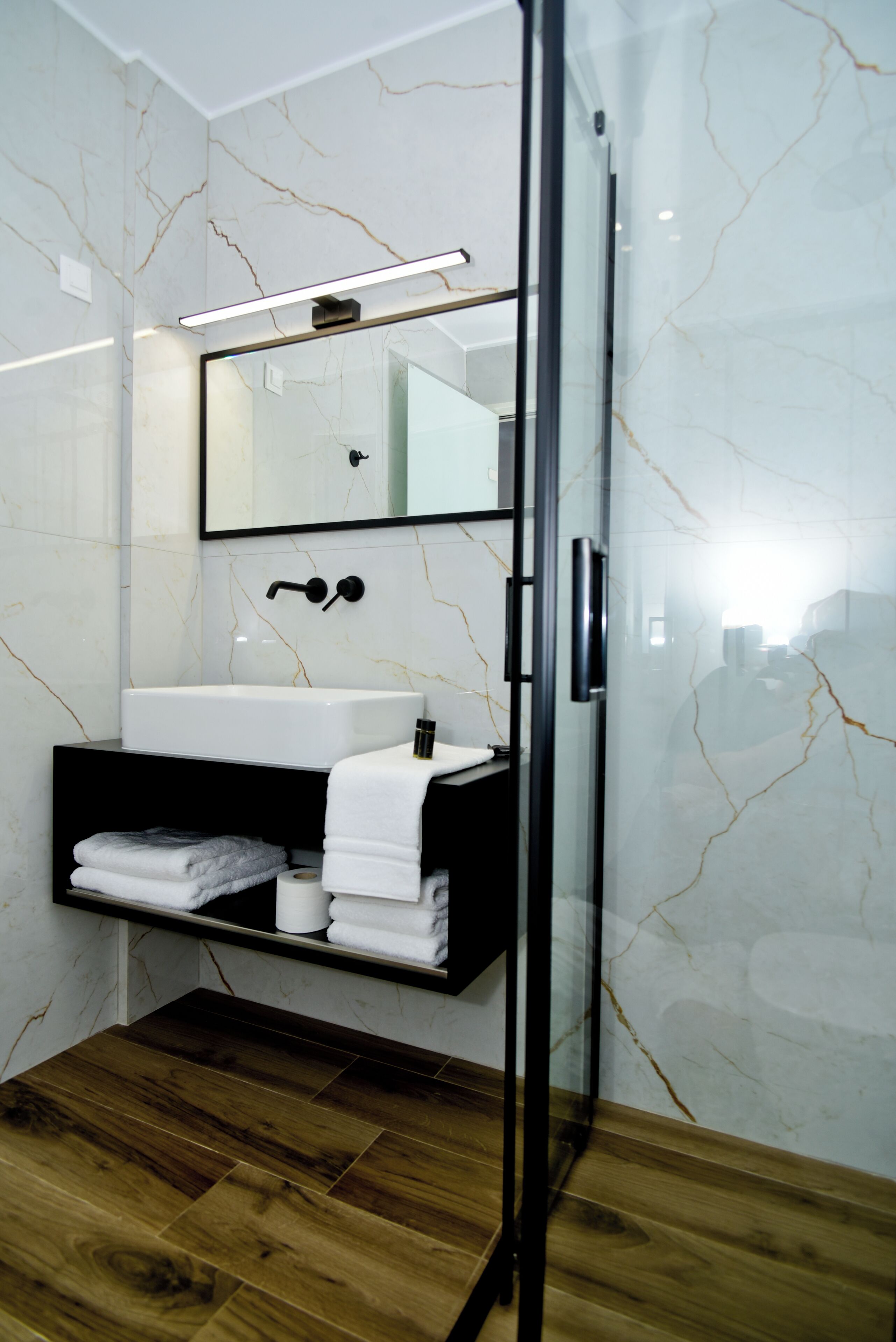 Shower, hair dryer, towels