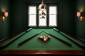A pool table with balls and cues, two wall-mounted lamps, and a window with blinds. - Balvonie House, Grand Scottish Mansion, Hot Tub with Island Views. 12 Bedrooms (Skelmorlie)
