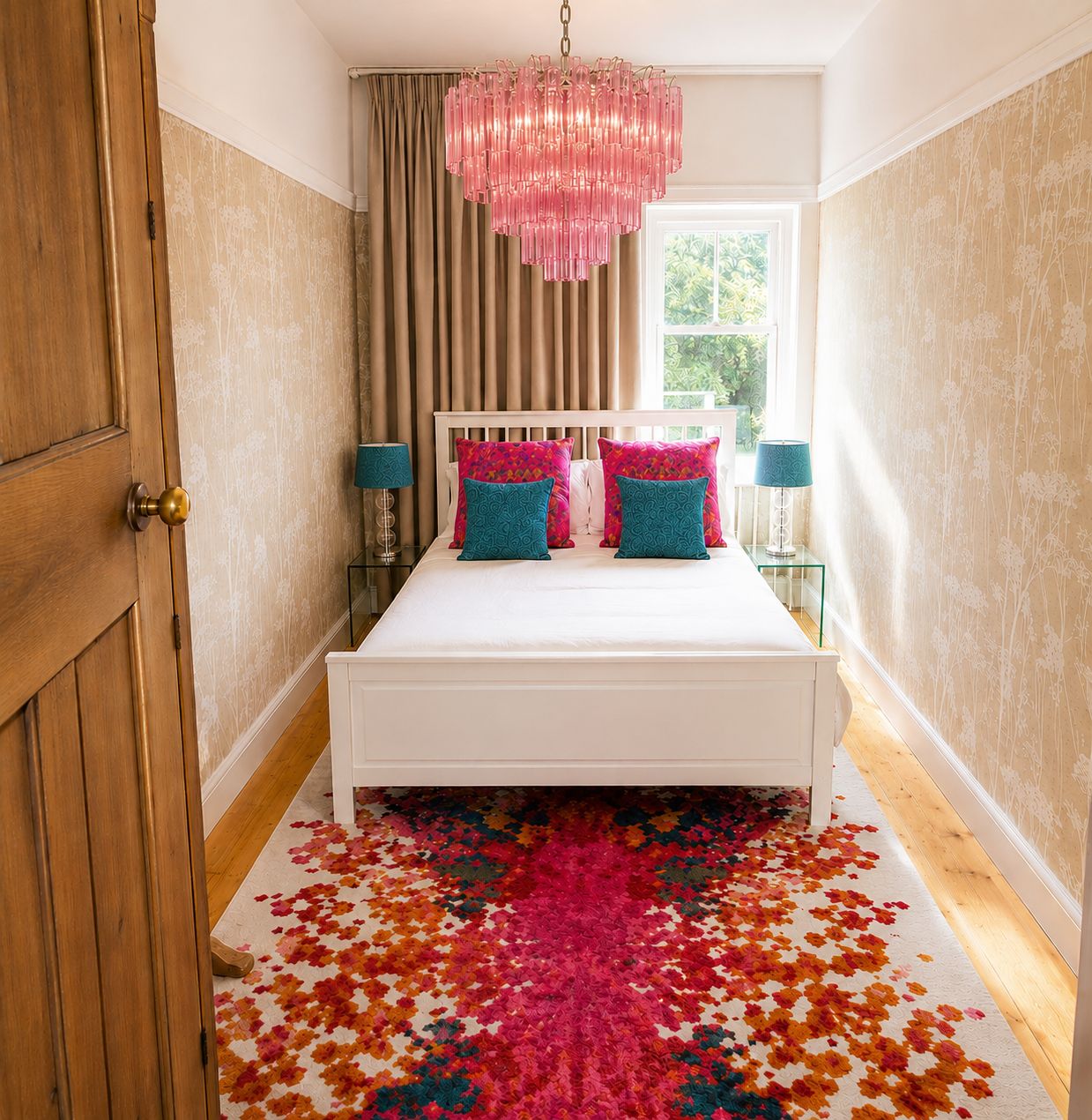 A bedroom with a white bed, a pink chandelier, and a patterned rug.