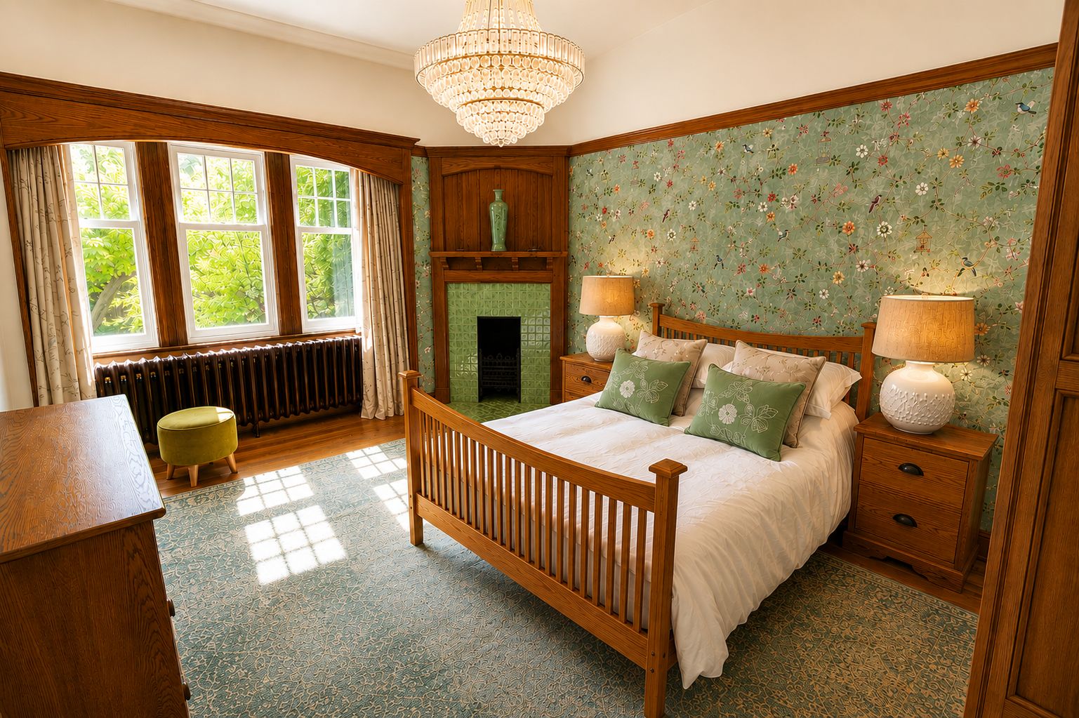 A bedroom with a wooden bed, two bedside tables with lamps, a green upholstered chair, a fireplace, and a window with curtains.