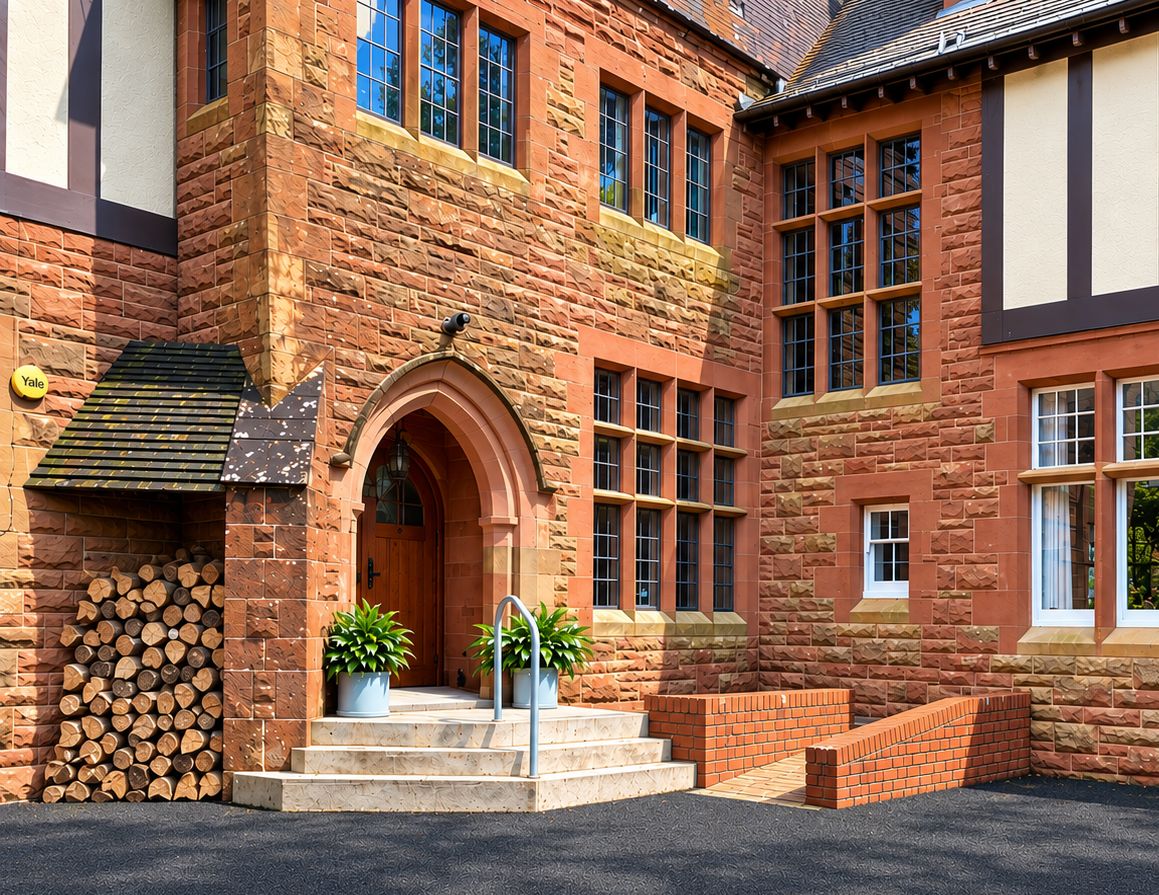 A stone building with a wooden door and steps leading to the entrance.