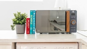 A microwave on a kitchen counter with a potted plant and books. - Charming Apartment | Free Parking and Wi-Fi (Newark-on-Trent)