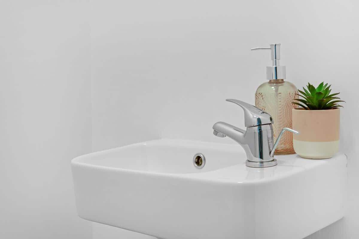 Ein weißes Waschbecken mit modernem Wasserhahn, einer Seifenspender und einem Blumentopf.