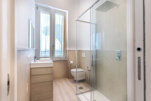 Shower, hair dryer, bidet, towels