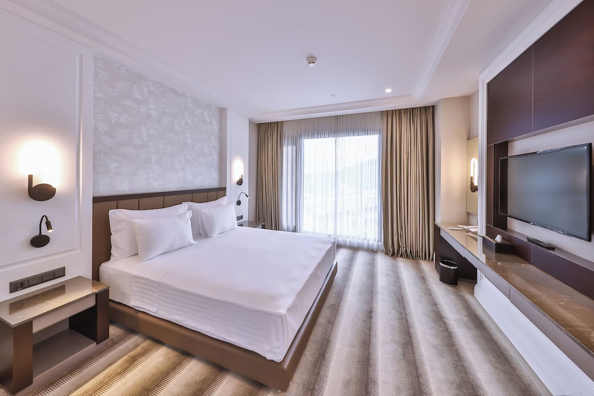 Suite Deluxe, 1 cama de matrimonio grande con sofá cama, vistas a la piscina | Ropa de cama de alta calidad, minibar, caja fuerte y escritorio