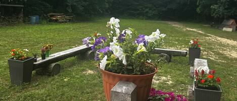 A garden with a wooden bench, potted plants, and a stone structure.