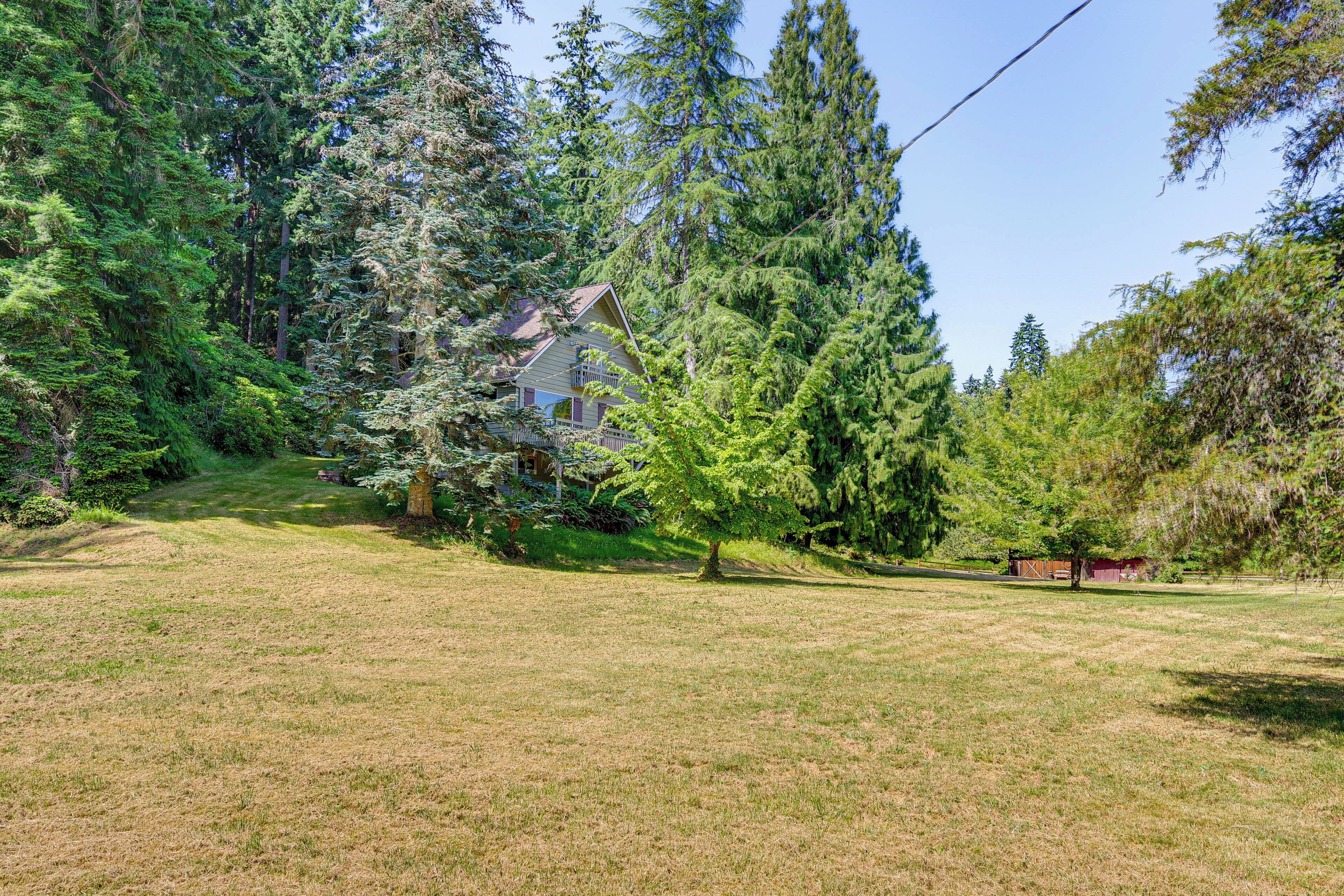 A house surrounded by dense forest, a clear sky, and a well-maintained lawn.