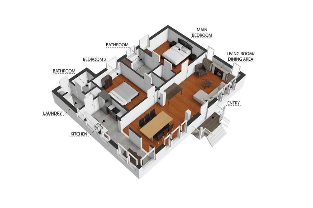 Un plan 3D d’une chambre d’hôtel, indiquant l’agencement de celle-ci, avec une chambre principale, deux salles de bain, une cuisine, un espace buanderie et un salon/salle à manger.