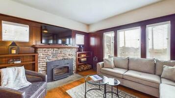 Smart TV, fireplace, books