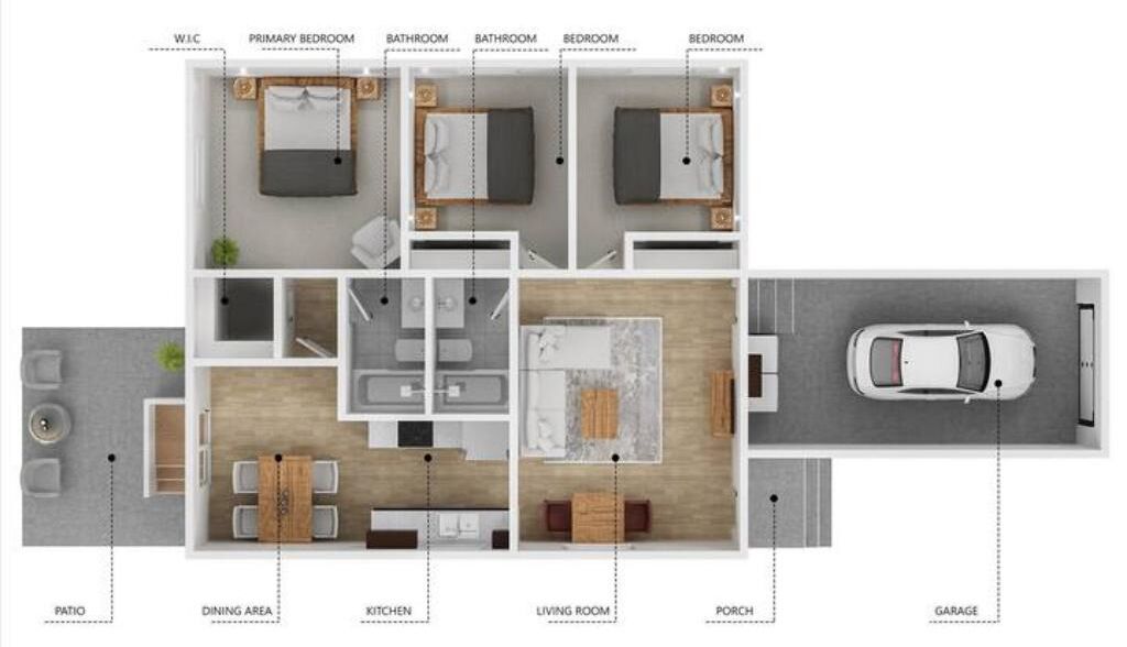 Planta baixa de uma residência, mostrando sala de estar, cozinha, área de jantar, pátio, dois quartos, dois banheiros, varanda e garagem.