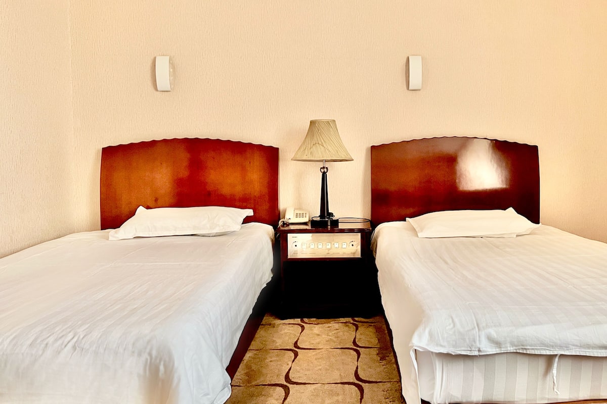 A hotel room with two single beds, a nightstand with a lamp, and a telephone.